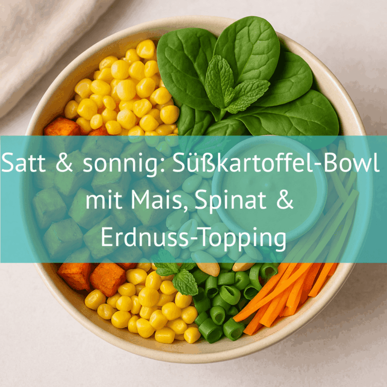 Satt & sonnig: Süßkartoffel-Bowl mit Mais, Spinat & Erdnuss-Topping
