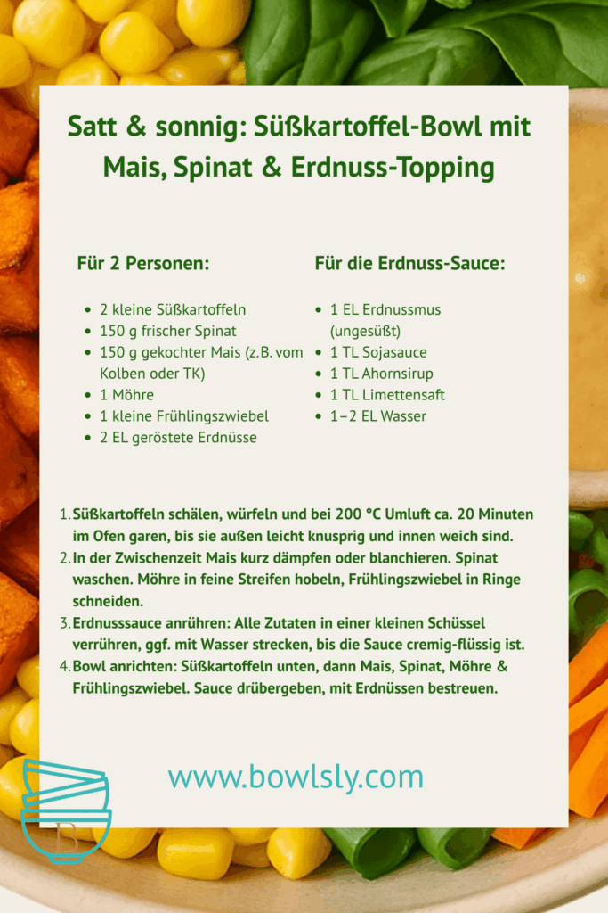 Satt & sonnig: Süßkartoffel-Bowl mit Mais, Spinat & Erdnuss-Topping Rezeptkarte